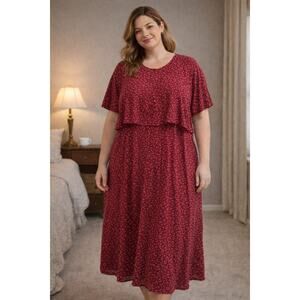 Vntg Fashion Bug Rayon Dress 24 Tall XL Tall Red Micro Print Cozy Retro Flowy